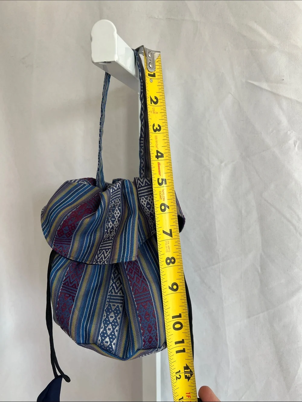 Woven Blue Multi-Stripe Drawstring Bag with Flap on Front & Back Silk Pullstring